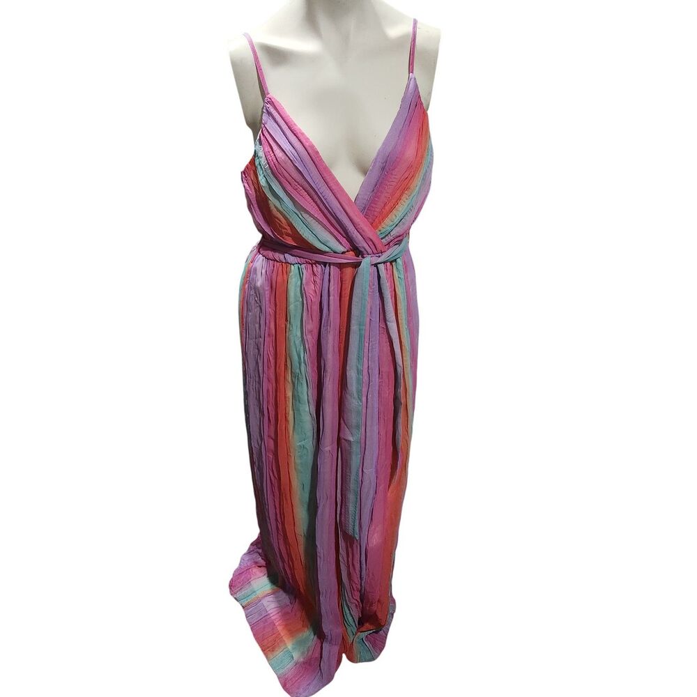 Southern Fried Chics Rainbow Stripe Maxi Dress XL Boho‎ Tie Waist Sleeveless